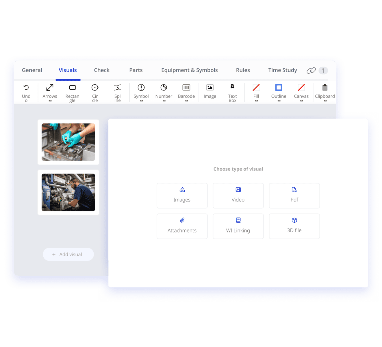 Image of the creation of a digital work instruction. This highlights the step of adding an image to the instruction. We see image library on the left, in the middle the different options of adding an image and their different types.