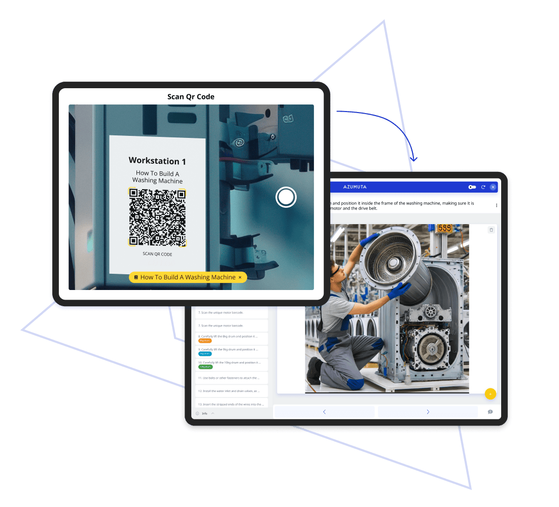 Image showing a tablet scanning a QR code in the workspace. Next to it we see another tablet showing a digital work instruction.