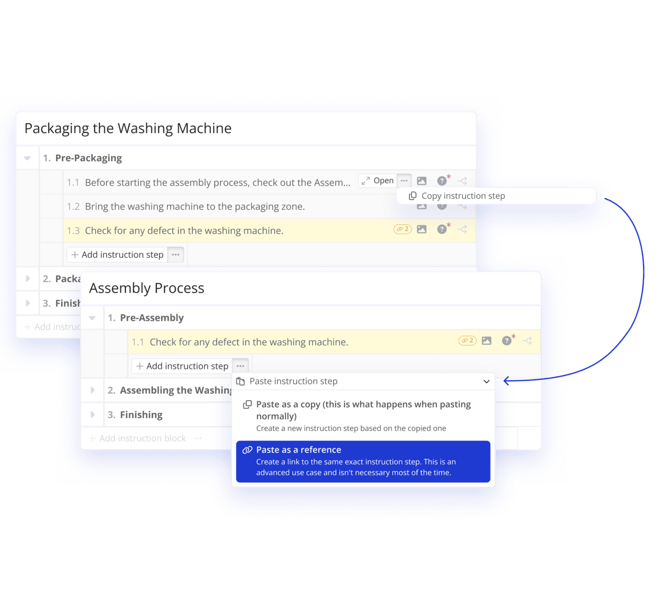 Image of a connection between two different work instructions, highlighting you dan link a step to another instruction so they are connected.