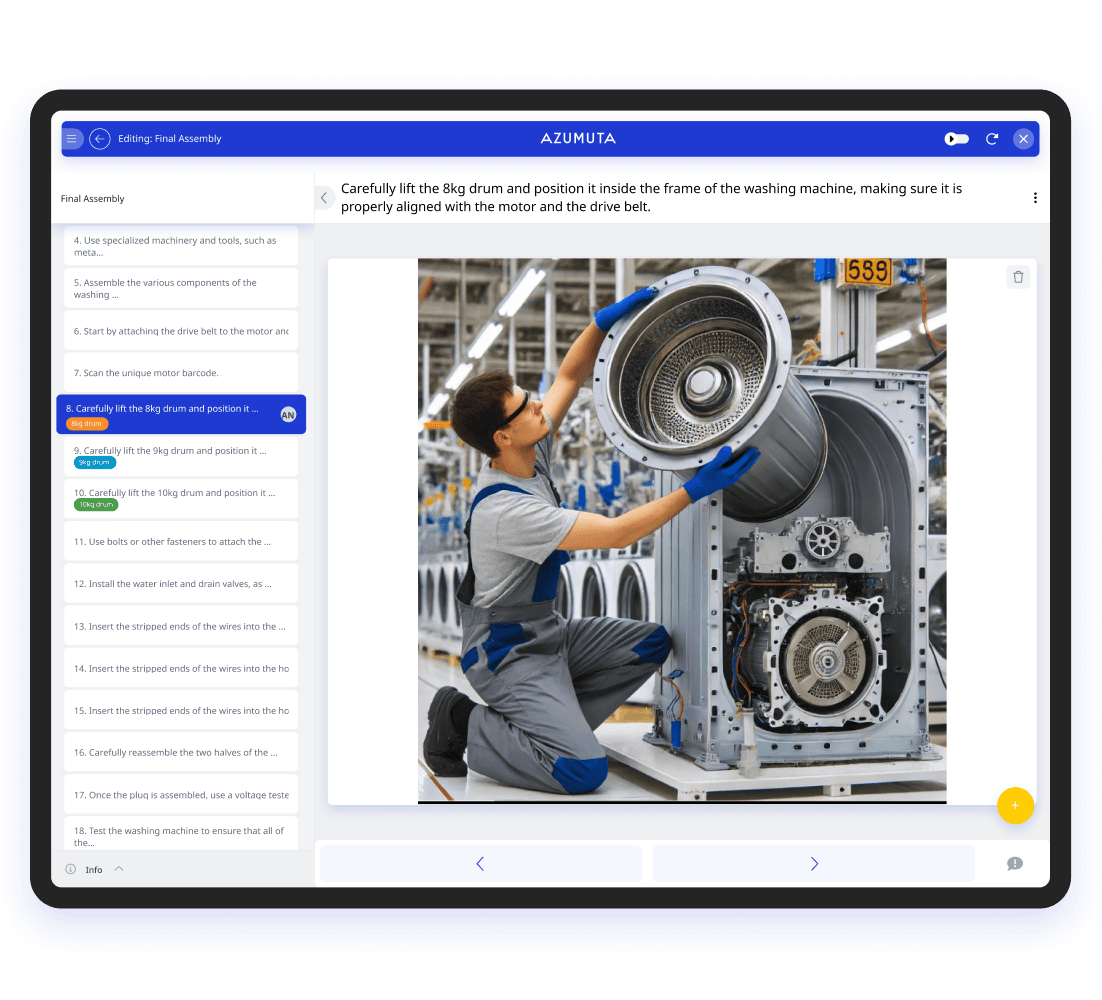 A computer screen displays a software interface from the Azumuta platform titled "5S audit checklist." The checklist includes various audit criteria such as safety and organization, with options to mark compliance status. A sidebar on the left shows navigation options.