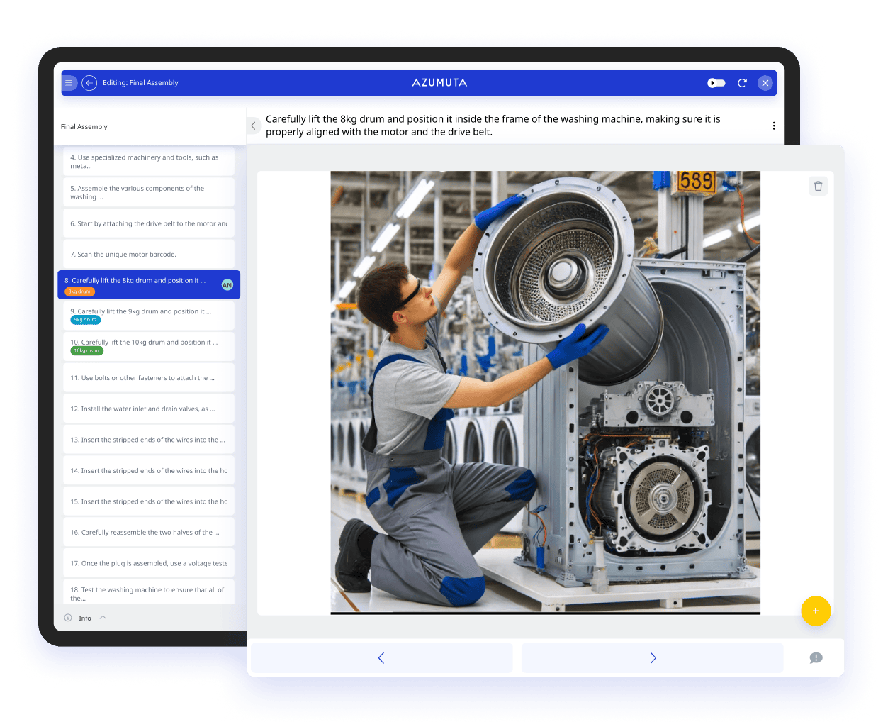 An instructional image showing a person wearing blue gloves assembling electronic components on a motherboard. Beside the image, a checklist includes items such as 