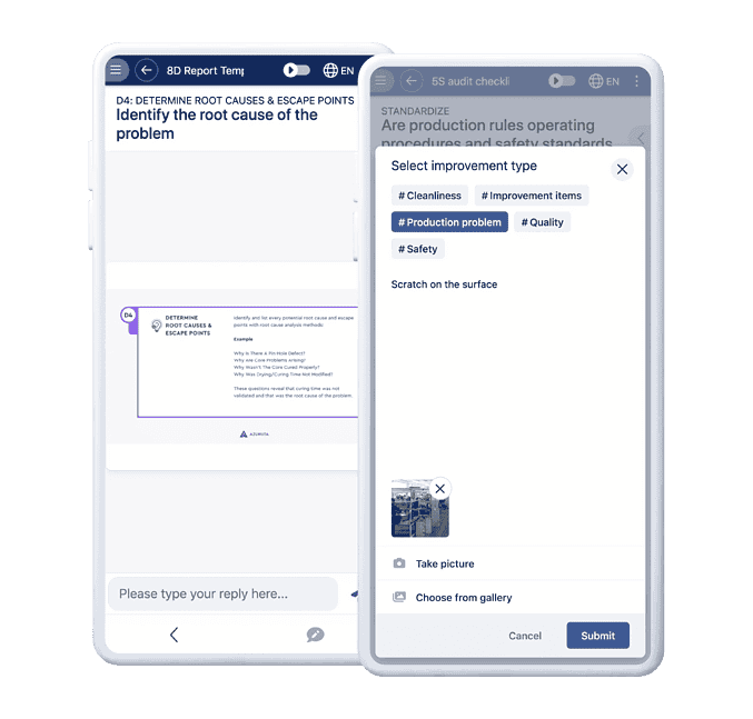 Two mobile screens are shown displaying a quality management app. The left screen has a section titled 