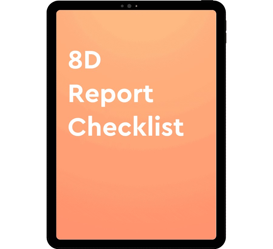 A tablet displaying a checklist titled "8D Report Checklist" on an orange gradient background.