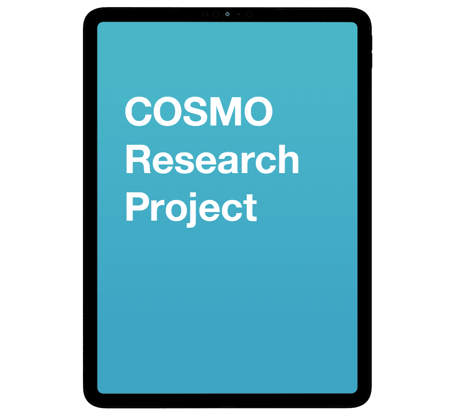 A tablet with a blue screen displaying the text "COSMO Research Project" in white. The tablet is shown against a plain white background.