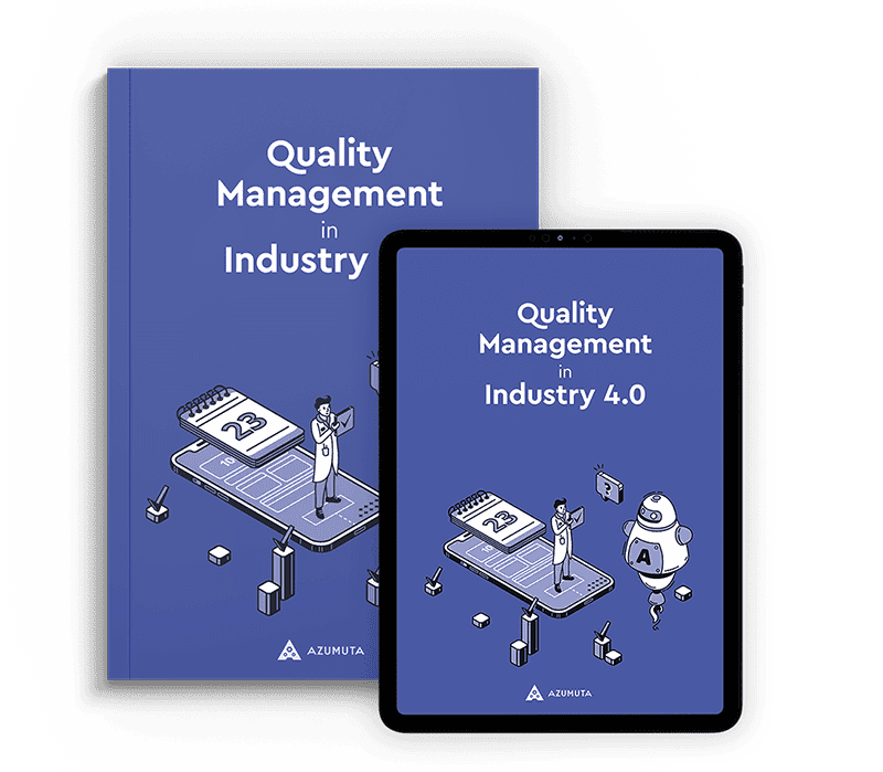 A book and a tablet are displayed side by side. The book cover reads "Quality Management in Industry," while the tablet screen displays "Quality Management in Industry 4.0." Both covers feature illustrations of industrial and robotic elements. The branding "Azumuta" is visible at the bottom.