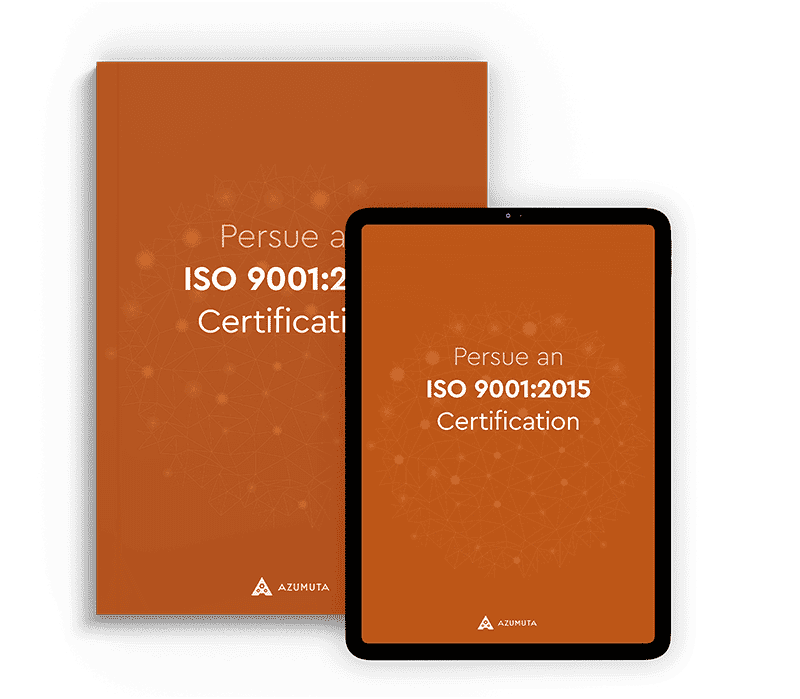 An image showing a book and a tablet, both with orange covers and white text that reads "Pursue an ISO 9001:2015 Certification." The background is transparent, and both items display the logo of Azumuta at the bottom.