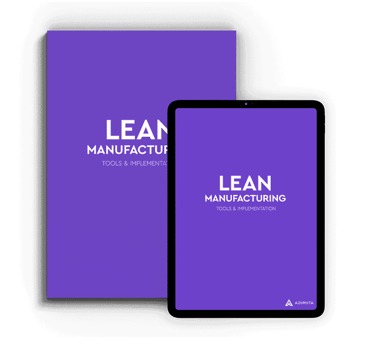 Two items are displayed on a white background: a purple-covered book and a tablet, both titled "Lean Manufacturing: Tools & Implementation." The text is centered in white on a solid purple background, with a white triangle logo at the bottom right of each item.