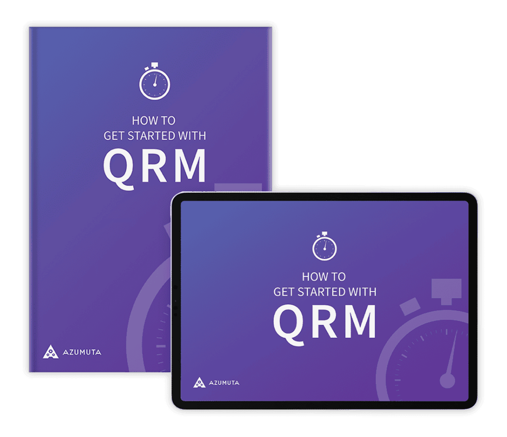 Two digital devices displaying the cover page of a guide titled "How to Get Started with QRM" by Azumuta. Both devices show a purple background with an icon of a stopwatch. One device is a tablet, and the other is potentially a computer screen or e-reader.