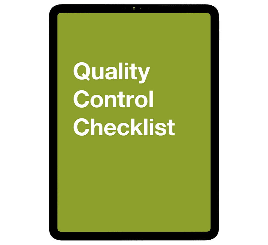 A tablet with a green screen displaying the text "Quality Control Checklist" in white letters. The device has a black frame and is shown against a plain white background.