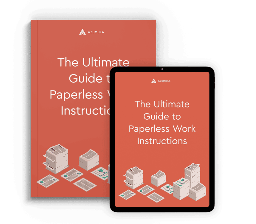The image shows a book and a tablet side by side. Both displays feature the same cover, which has an orange background and reads "The Ultimate Guide to Paperless Work Instructions" by Azumuta. The cover also includes illustrations of paper stacks transforming into digital documents.
