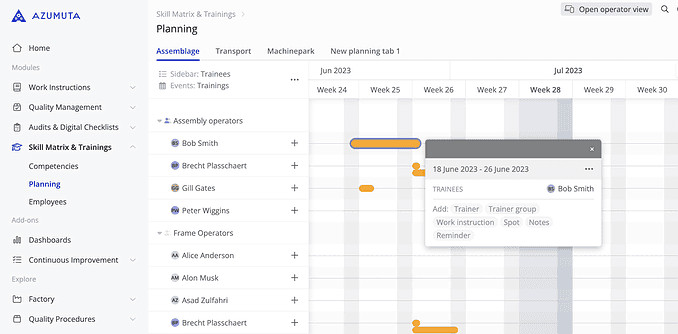 A digital dashboard for planning training sessions, displaying a Gantt chart. The chart shows the schedule for trainee sessions from June 18 to June 26, 2023. A task titled 