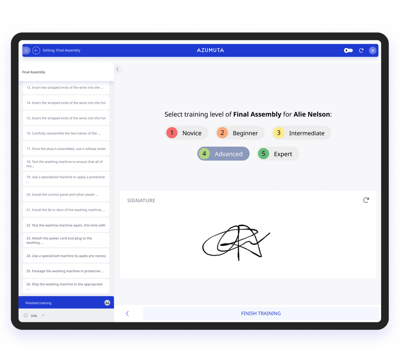 The app interface shows a signature being signed, highlighting the signature functionality for users.
