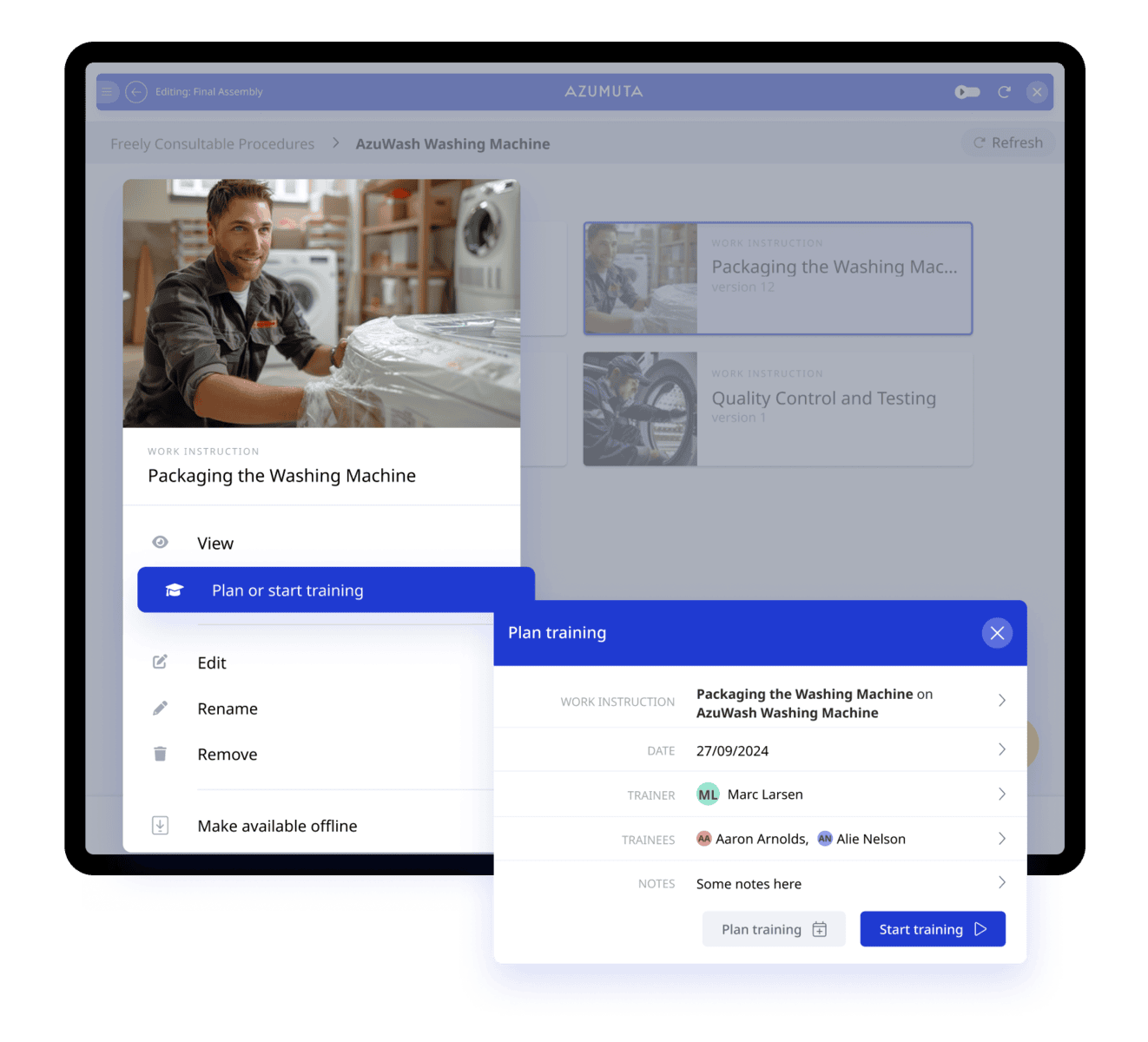 Image shows the Azumuta interface. A work instruction called 