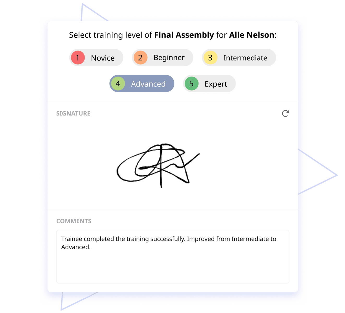Image showing a user selecting a training level for the Final Assembly training of Alie Nelson, levels ranging from 1 (Novice) to 5 (Expert). Underneath the user provided their signature and a comment stating: 