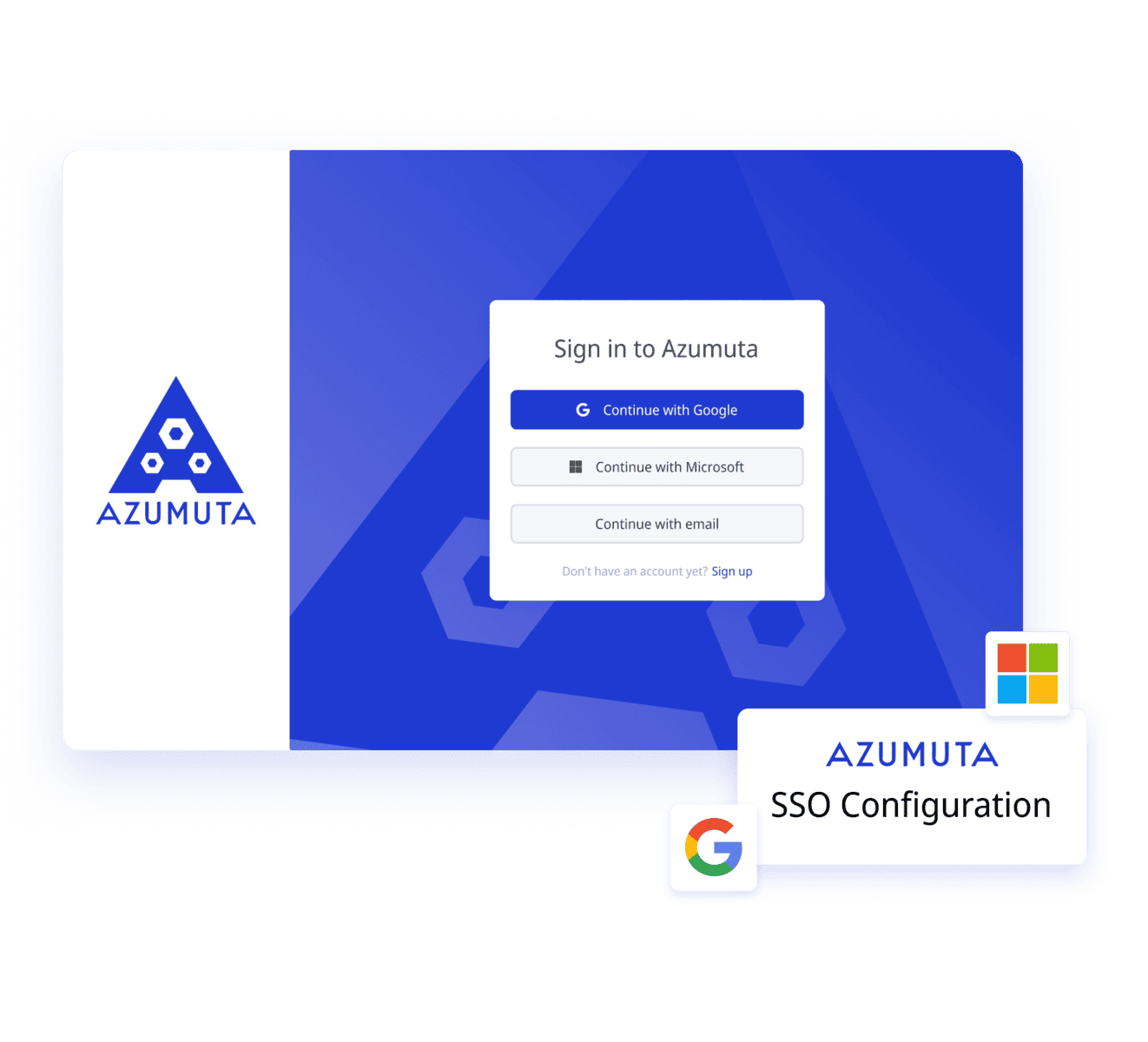 Screen of a login screen of Azumuta. There are 3 options available to sign in with: Google, Microsoft or Email. Underneath the options a user can also decide to sign up. On the bottom right of the screen we see a box with 