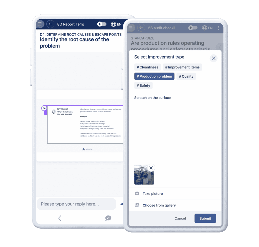 Two mobile screens displaying an app interface. The left screen shows a root cause identification template with text and an option to reply. The right screen shows an audit checklist with standardization rules and an option to select improvement types and attach photos.