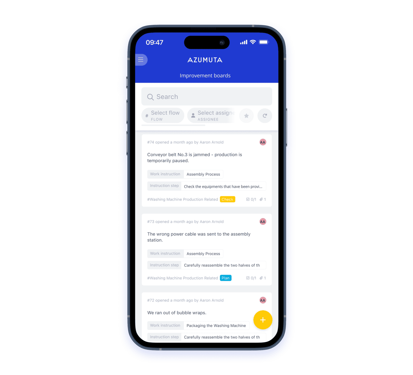 Image showing a phone with a screenshot of the improvement board. The improvement board shows info such as who created the issue, the date it was created, in which process, at what step, and the requirements to solve this issue.