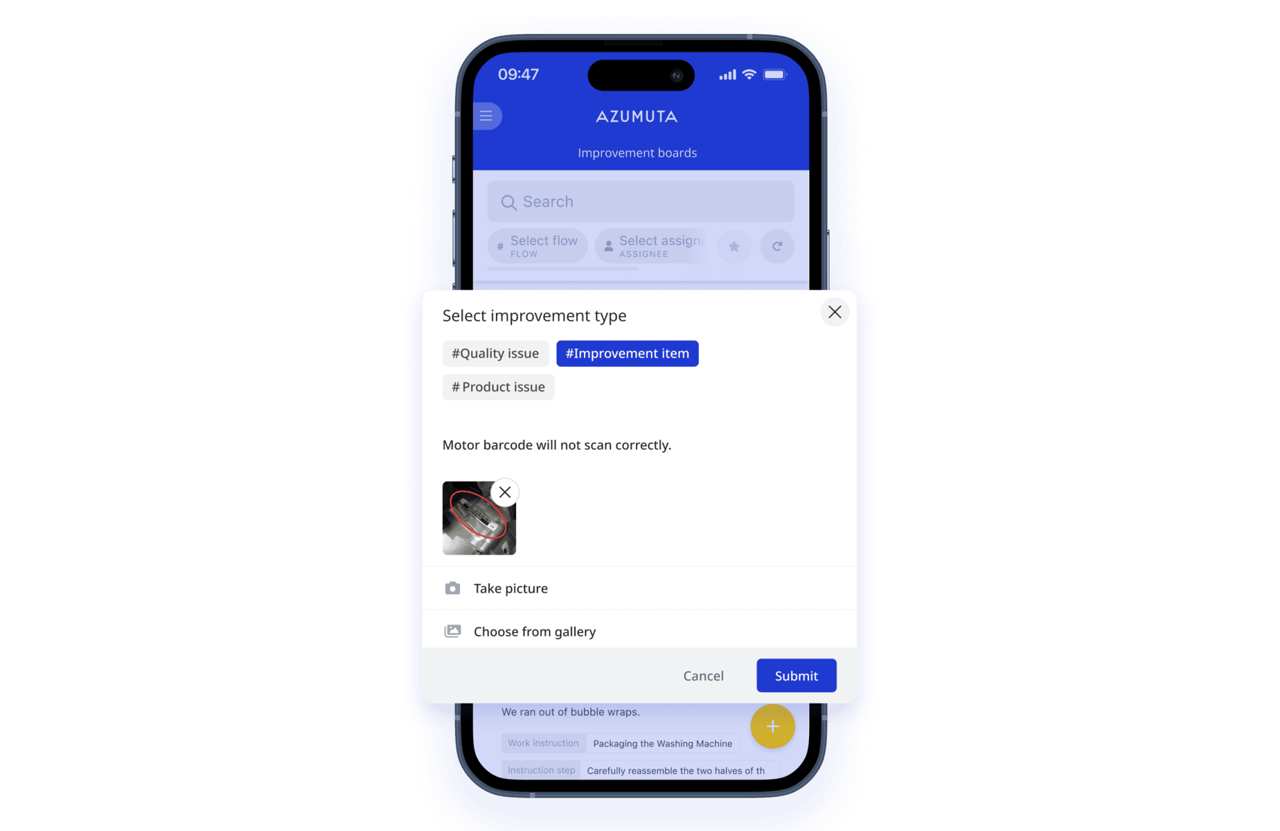 A computer screen displays a software interface from the Azumuta platform titled "5S audit checklist." The checklist includes various audit criteria such as safety and organization, with options to mark compliance status. A sidebar on the left shows navigation options.
