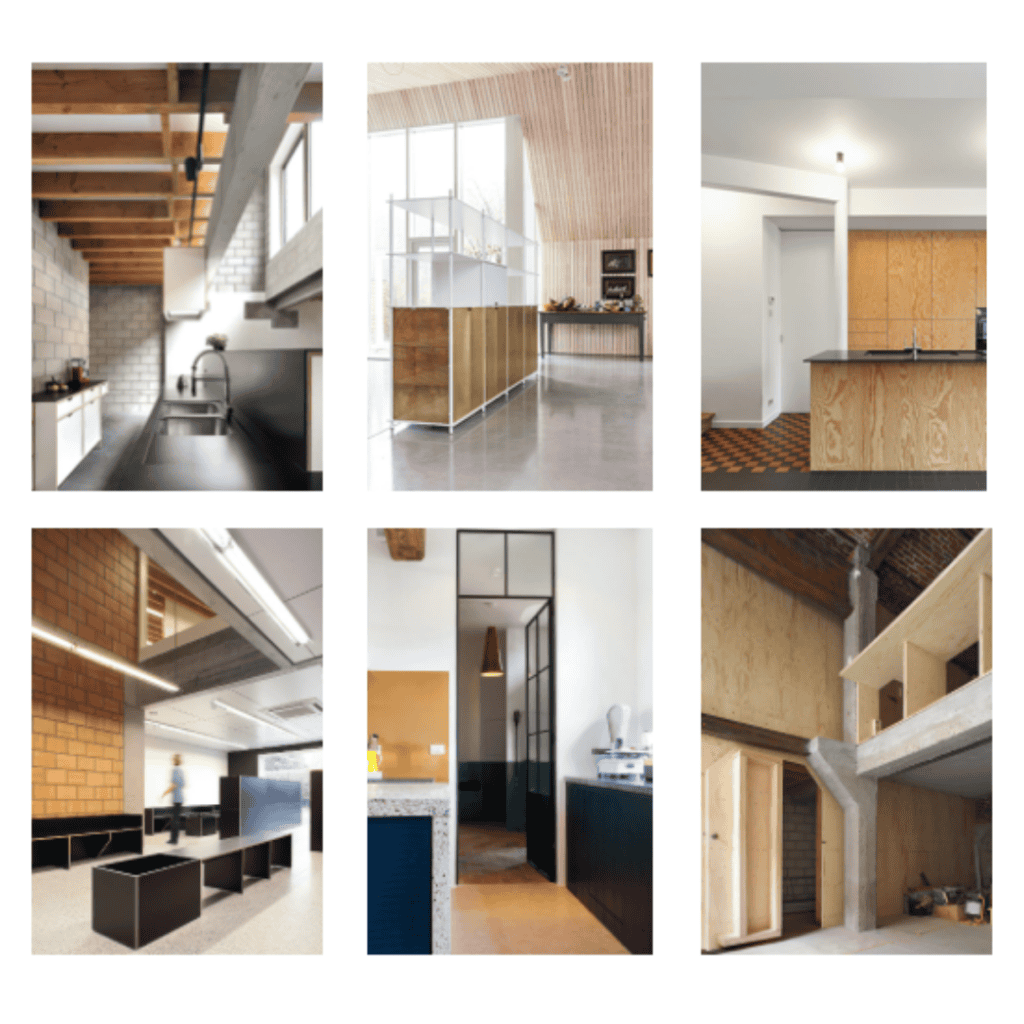 A collage of six minimalist and modern kitchens featuring a variety of sleek designs and materials. Each kitchen has unique elements such as exposed beams, wooden cabinetry, open shelving, industrial touches, and ample natural light from large windows.