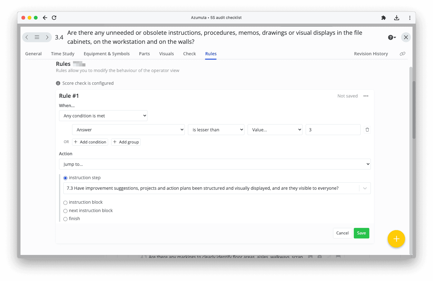 A screenshot of a software interface displaying an audit checklist. The checklist has a question about unnecessary or obsolete instructions. Rule #1 for the audit is partially shown with conditions and actions that can be configured. Buttons for canceling or saving are visible.