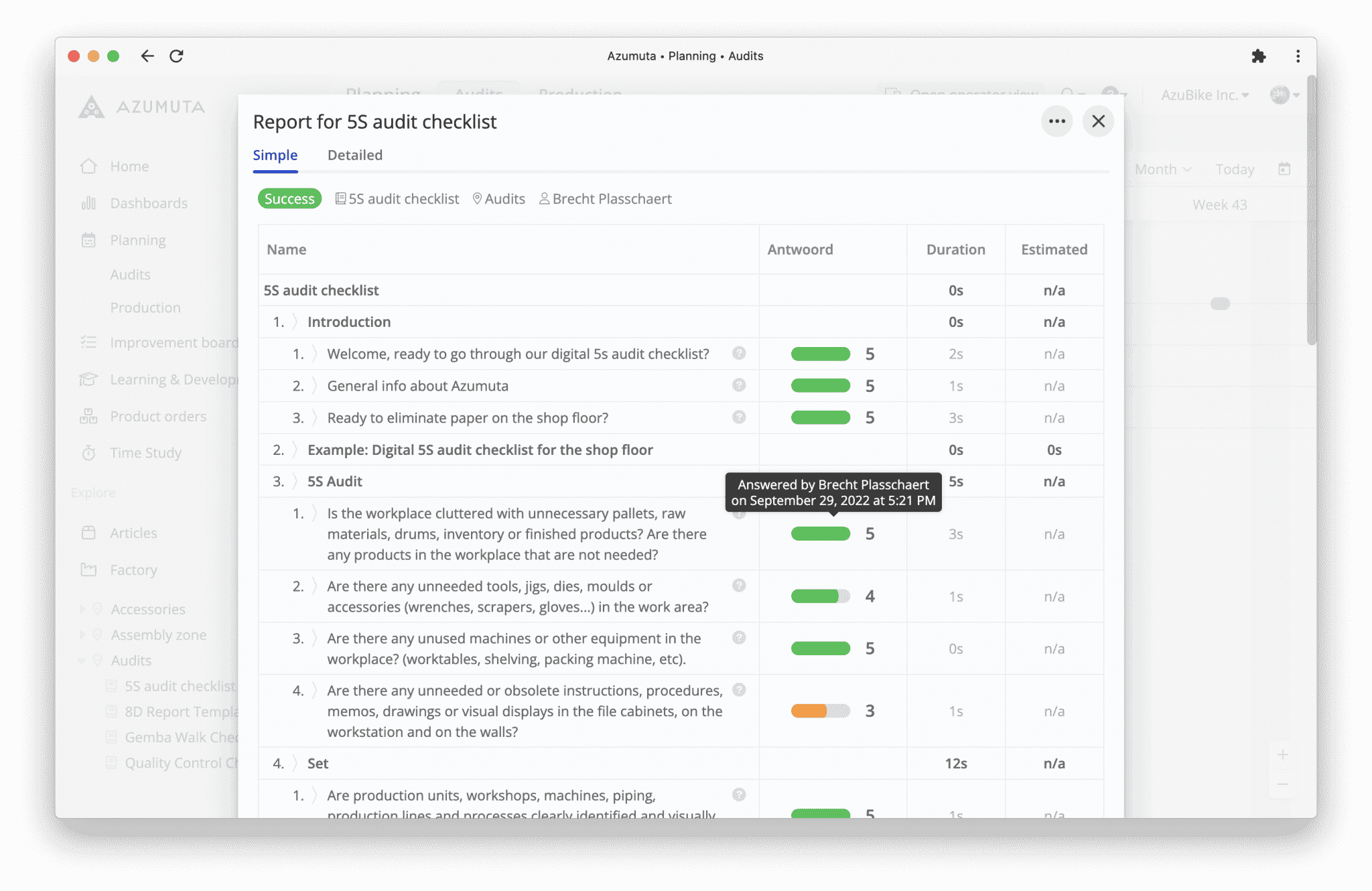 A computer screen displays a report for a 5S audit checklist. The report includes questions related to organization and cleanliness, with responses indicating 