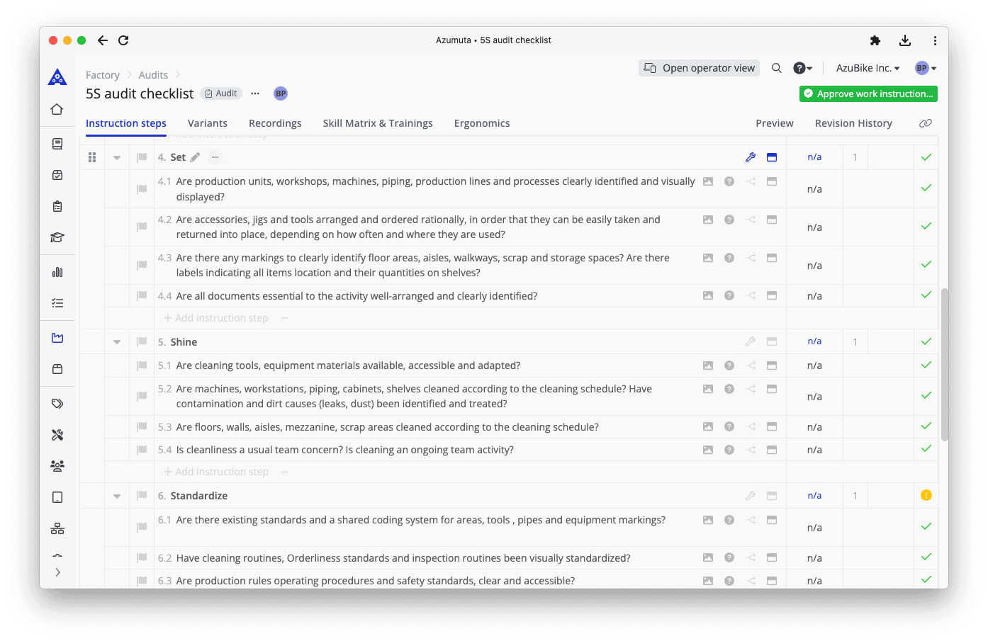 A computer screen displays an audit checklist for 5S with various instruction steps listed. The list includes tasks related to cleaning, organization, and standards. Some columns show checkboxes, dropdown menus, and text fields for status updates and notes.