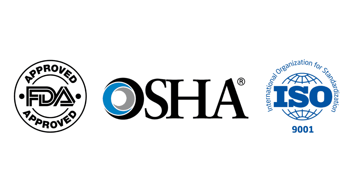 An image featuring three logos: on the left, the FDA Approved stamp; in the center, the OSHA logo with a blue and black emblem; and on the right, the ISO 9001 logo with a blue globe and the text 