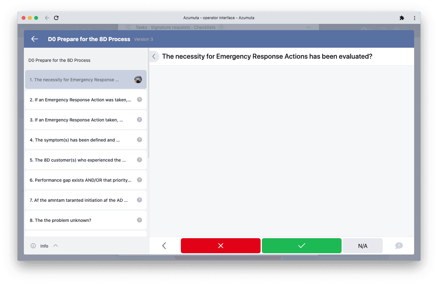 A computer screen displays a software interface from the Azumuta platform titled "5S audit checklist." The checklist includes various audit criteria such as safety and organization, with options to mark compliance status. A sidebar on the left shows navigation options.