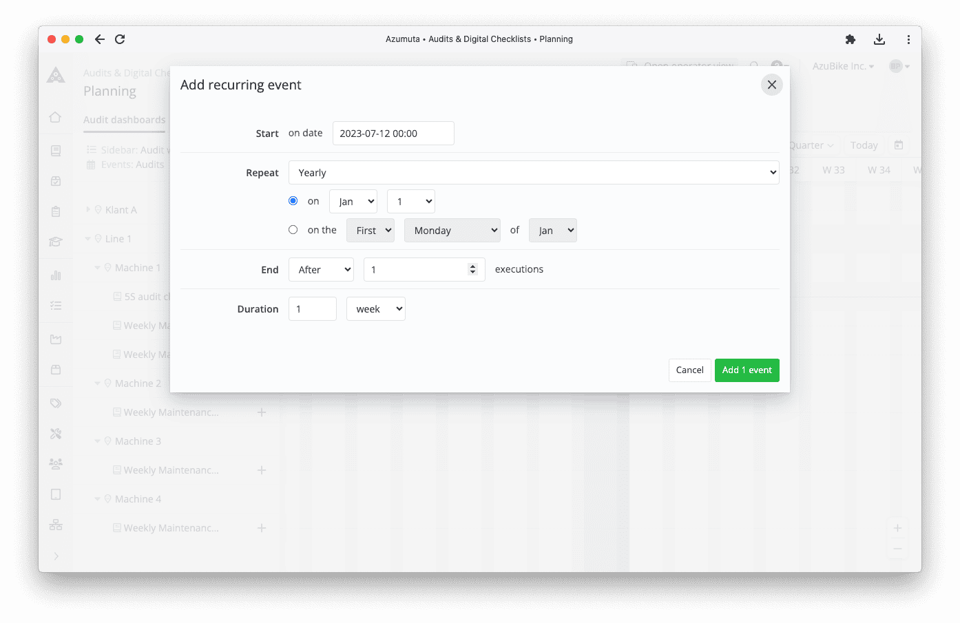 A computer screen displaying a settings window for adding a recurring event. The event is set to start on July 20, 2023, and repeat yearly on the first Monday of January. The event duration is one week. Buttons for canceling or adding the event are at the bottom right.