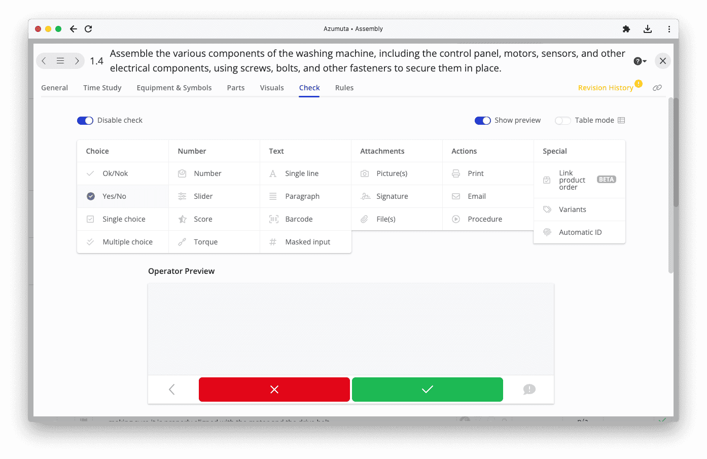 A screenshot of a web application for assembling components of a washing machine. The interface includes options for different choice types (single line, slider, score), and an operator preview with green check and red cross buttons.