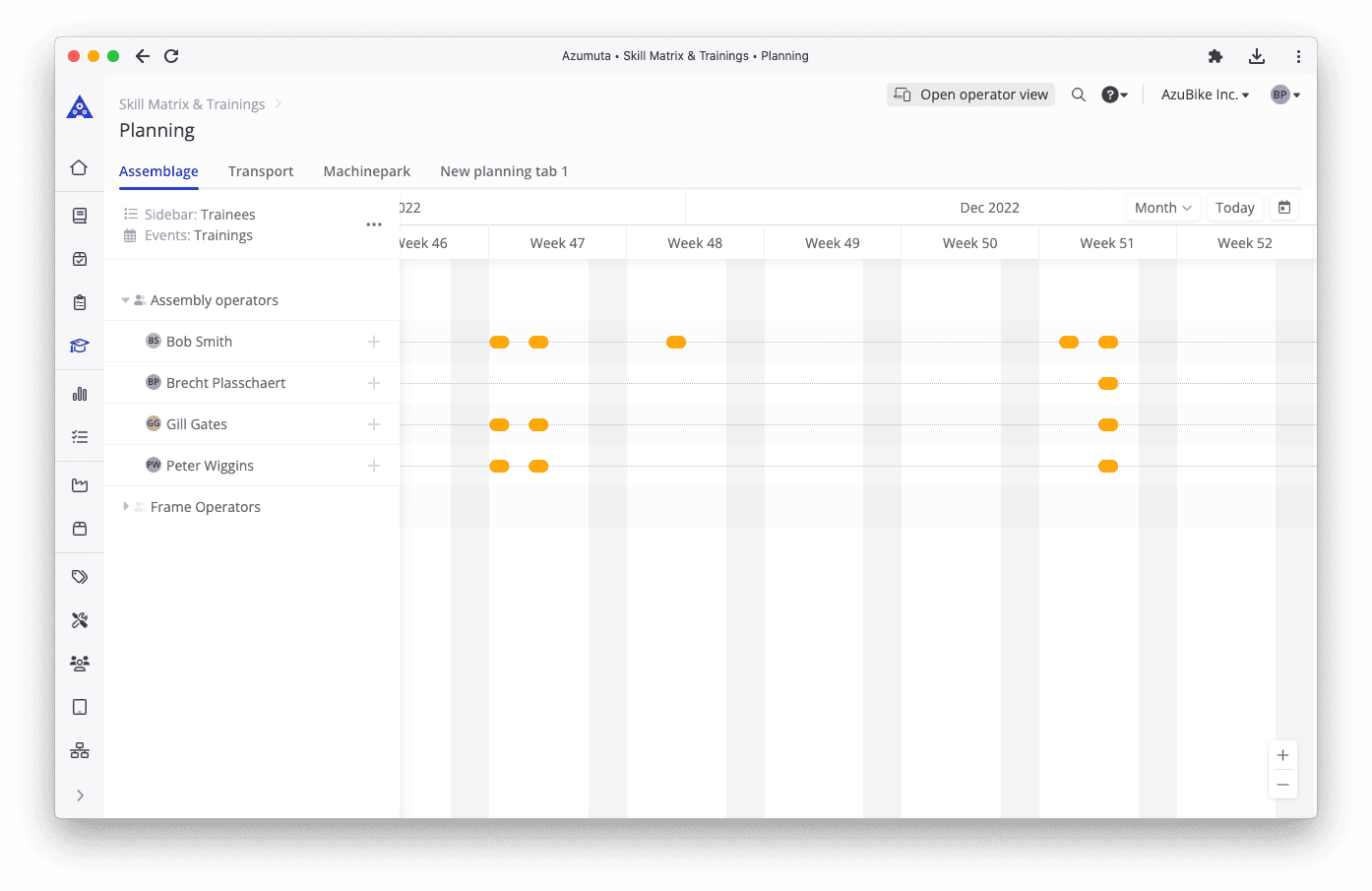 A screenshot of a planning calendar for Assemblage training sessions. It displays a weekly schedule from week 46 to week 52, lists trainees on the left, and shows training events as orange dots within the calendar grid. The tabs at the top include Transport and Machinepark.