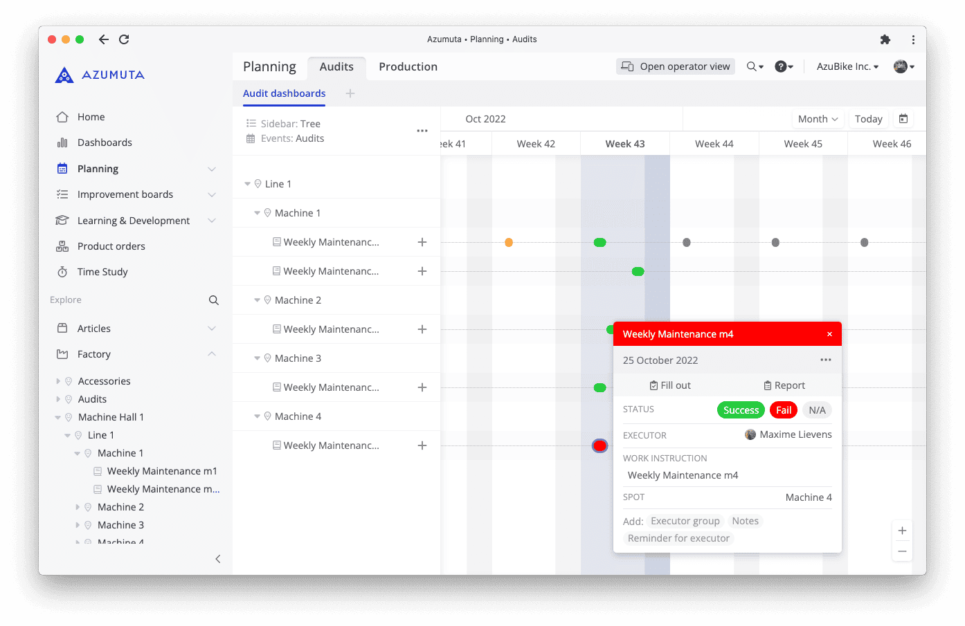 A dashboard from Azumuta's planning module shows a Gantt chart with various machines and tasks. A pop-up window highlights detailed information about a scheduled weekly maintenance for Machine 4 on 25th October 2022.
