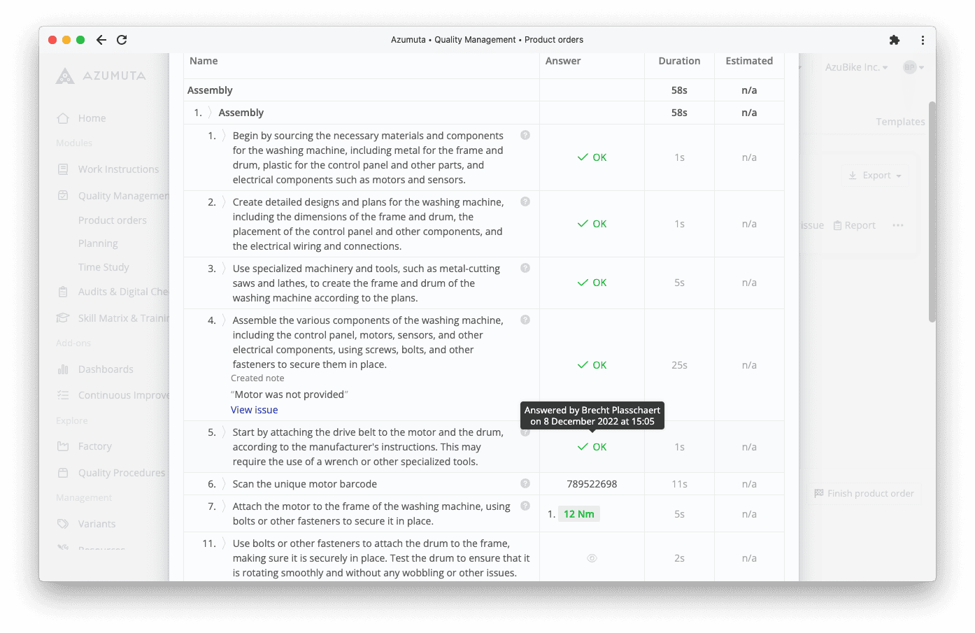 A screenshot of a quality management software interface showing detailed assembly instructions. The tasks include preparing materials, utilizing specialized tools, fixing the motor and drum, and more. Each task has a duration, status with checkmarks, and estimated time.