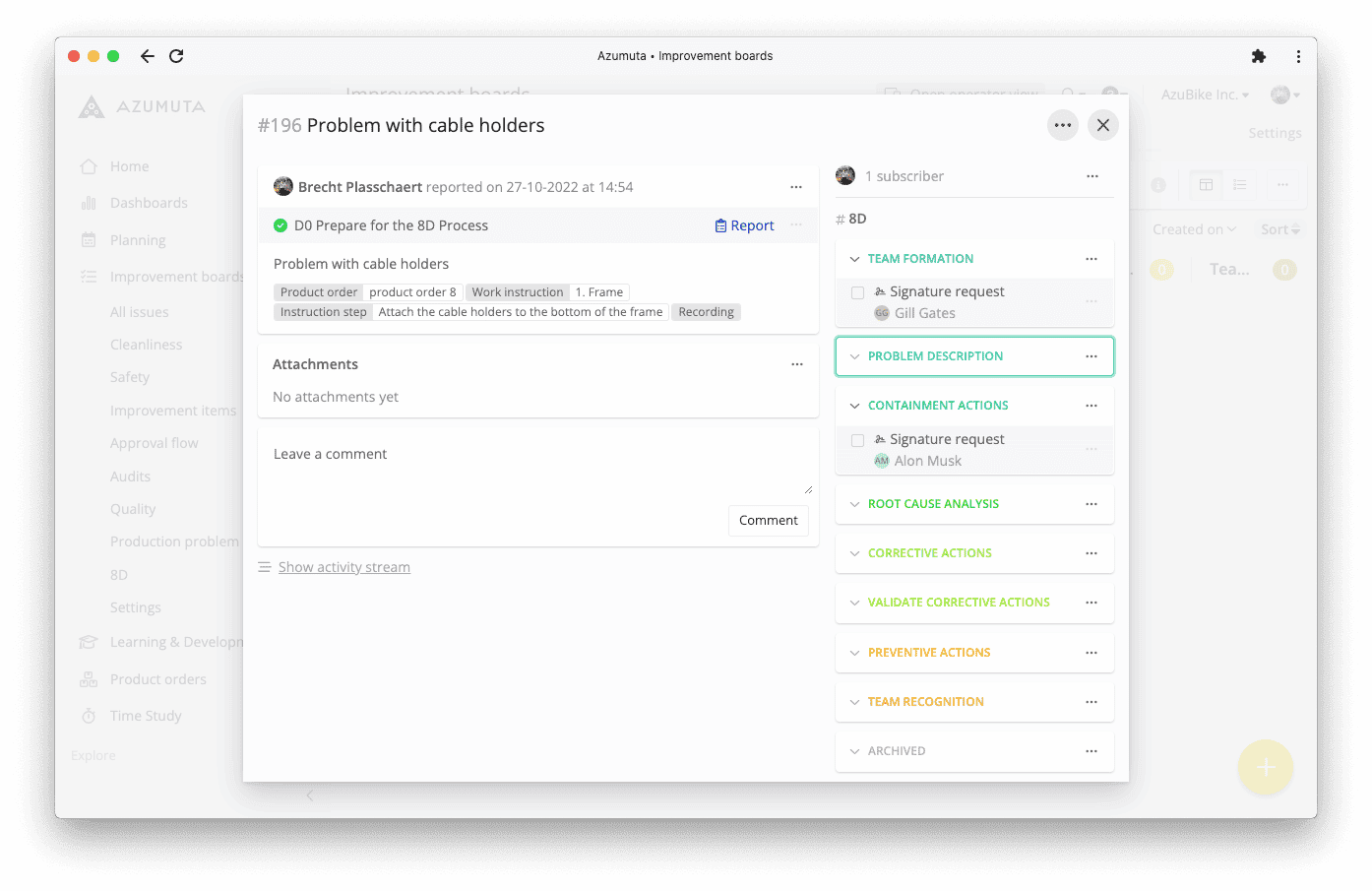 A computer screen displays a software interface from the Azumuta platform titled "5S audit checklist." The checklist includes various audit criteria such as safety and organization, with options to mark compliance status. A sidebar on the left shows navigation options.