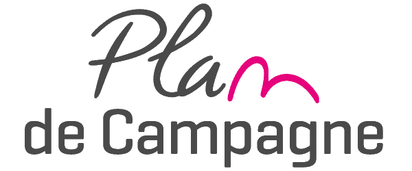 Plan de Campagne logo with the text 'Plan de Campagne' in a cursive and sans-serif hybrid font. The word 'Plan' features a stylized pink 'n' to resemble a mountain peak.