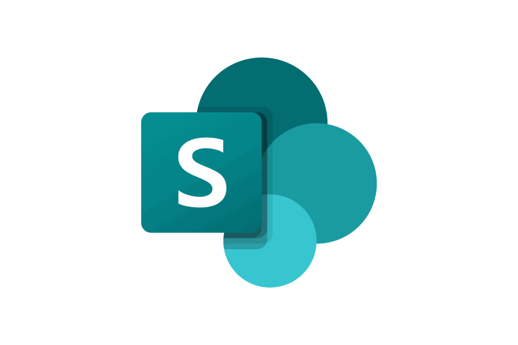 Microsoft SharePoint logo featuring a stylized letter "S" in white on a green square, overlaid on a teal circle with three additional blue-green circles in the background.