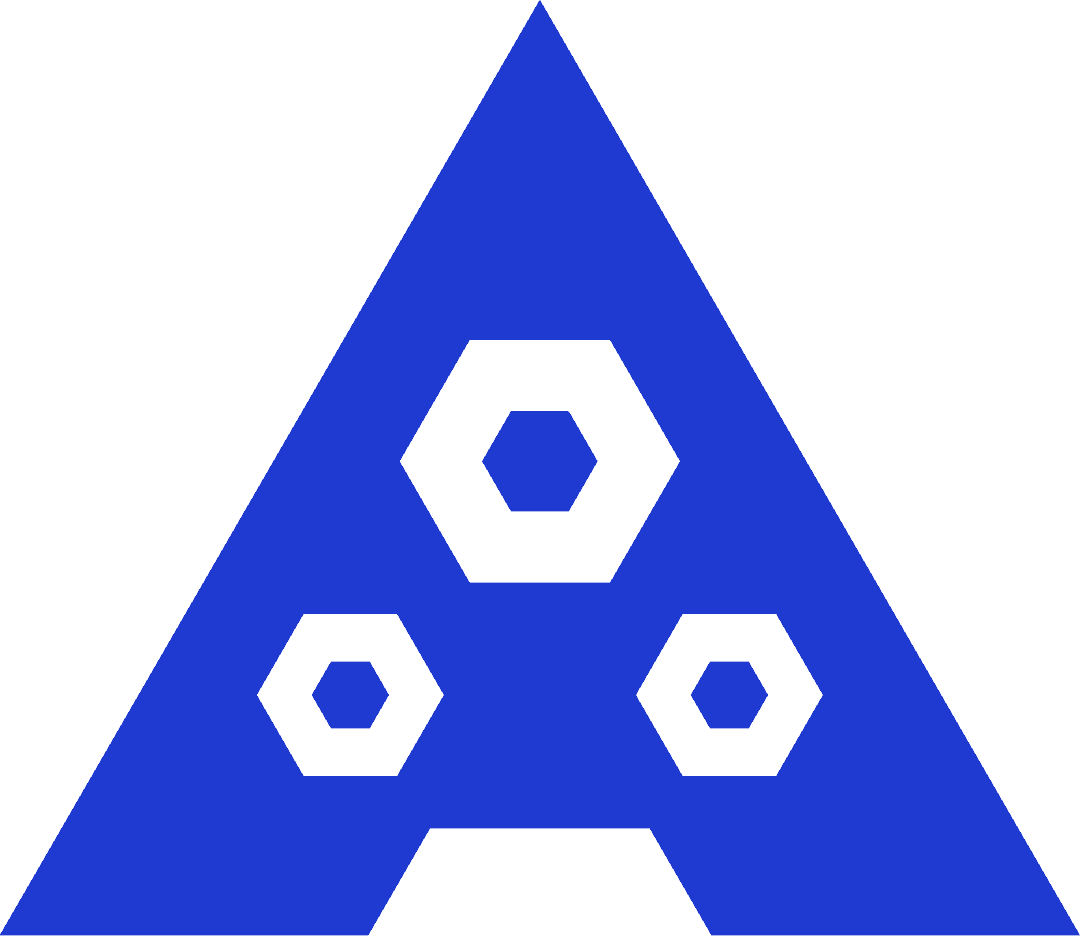 The image depicts a blue equilateral triangle with three black hexagonal shapes inside it, arranged with one hexagon at the top and two at the bottom corners. Each hexagon is also outlined in blue, creating a distinct pattern within the triangle.
