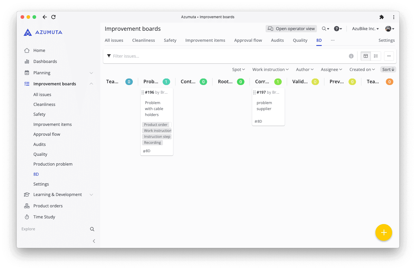 A computer screen displays a software interface from the Azumuta platform titled "5S audit checklist." The checklist includes various audit criteria such as safety and organization, with options to mark compliance status. A sidebar on the left shows navigation options.