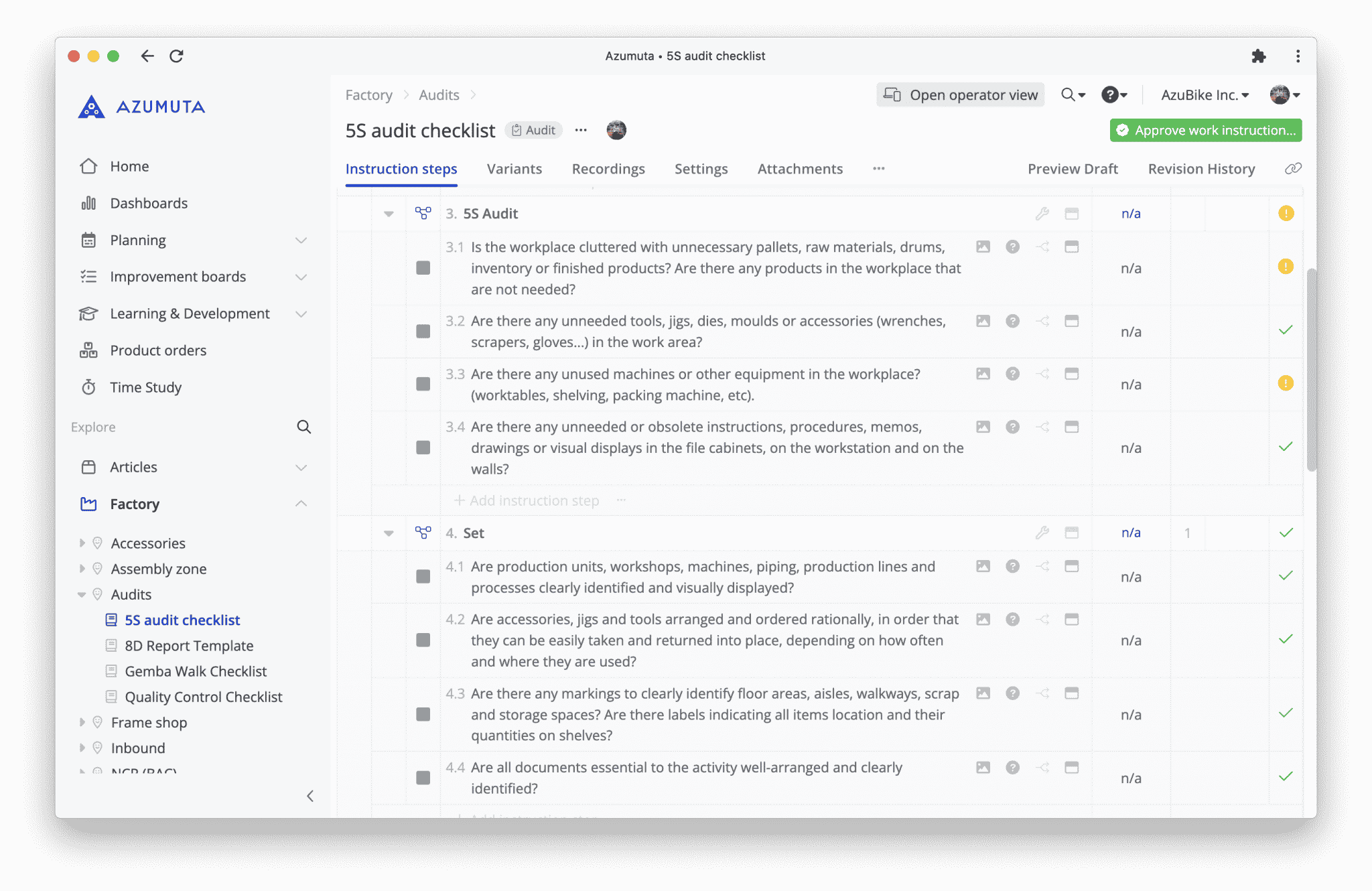 A computer screen displays a software interface from the Azumuta platform titled "5S audit checklist." The checklist includes various audit criteria such as safety and organization, with options to mark compliance status. A sidebar on the left shows navigation options.