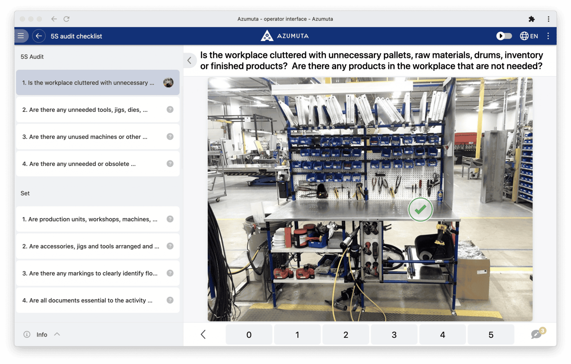 A computer screen displays a software interface from the Azumuta platform titled "5S audit checklist." The checklist includes various audit criteria such as safety and organization, with options to mark compliance status. A sidebar on the left shows navigation options.