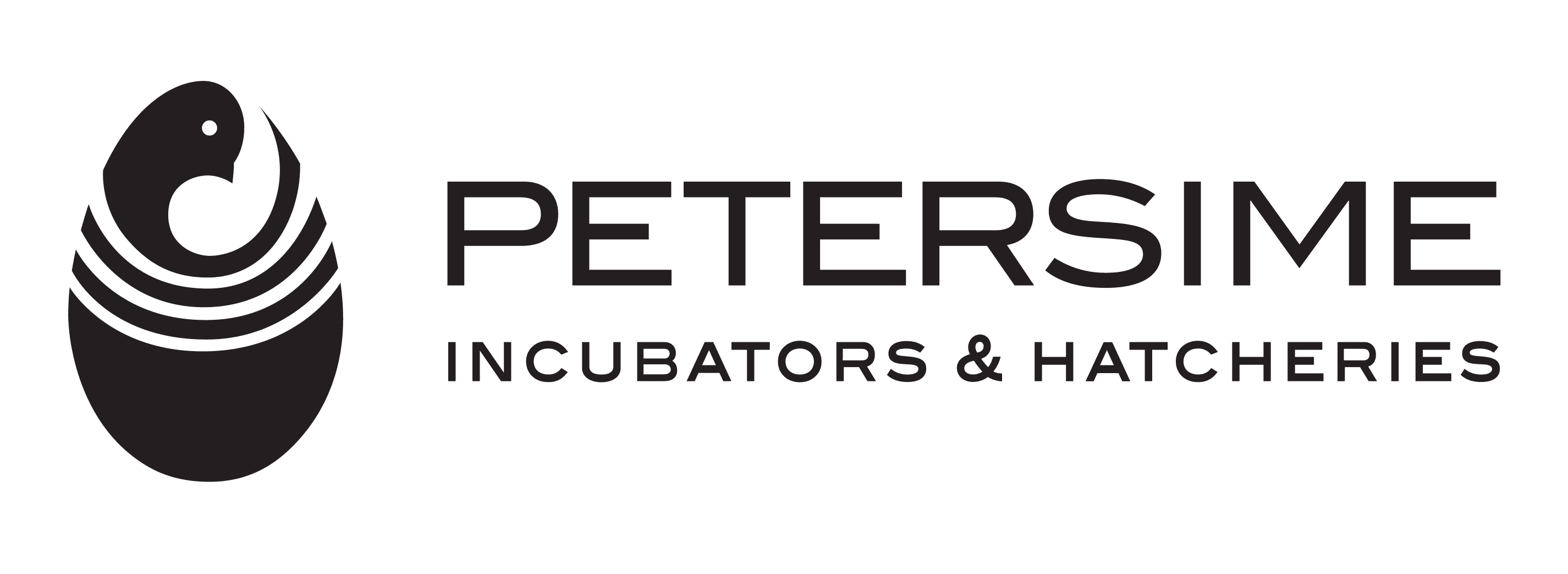 The image shows the logo for Petersime Incubators & Hatcheries. The logo features a stylized black and white depiction of a bird positioned above several curved lines representing a nest, followed by the text 