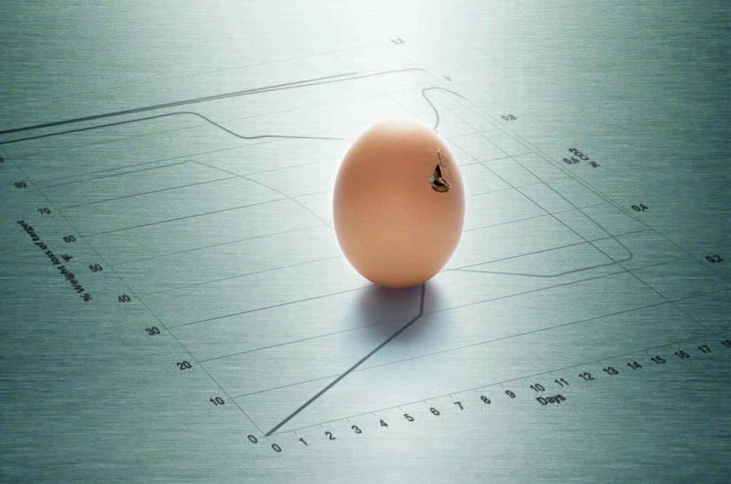 An egg with a small crack and keyhole sits in the center of a translucent line graph, partially visible beneath it. The graph, with lines and scales, appears to represent a time distribution of data labeled with days and values.