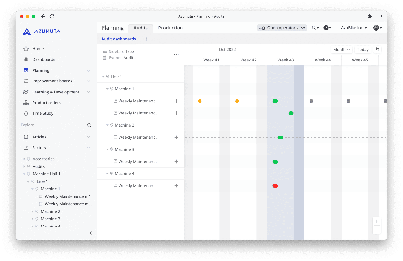 A manufacturing planning dashboard showing machine maintenance schedules for October 2022. The interface features a sidebar with navigation links and a main section with a calendar view. Colored dots indicate the status of Weekly Maintenance for various machines.