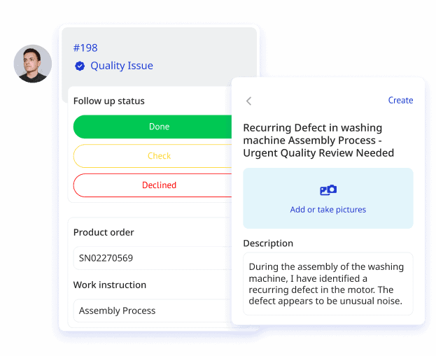 A quality issue tracking interface with a user's profile picture. The interface shows a closed issue labeled 