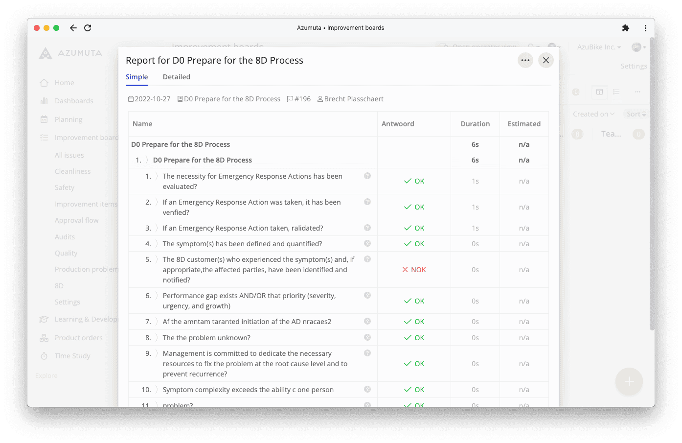 A computer screen displays a software interface from the Azumuta platform titled "5S audit checklist." The checklist includes various audit criteria such as safety and organization, with options to mark compliance status. A sidebar on the left shows navigation options.