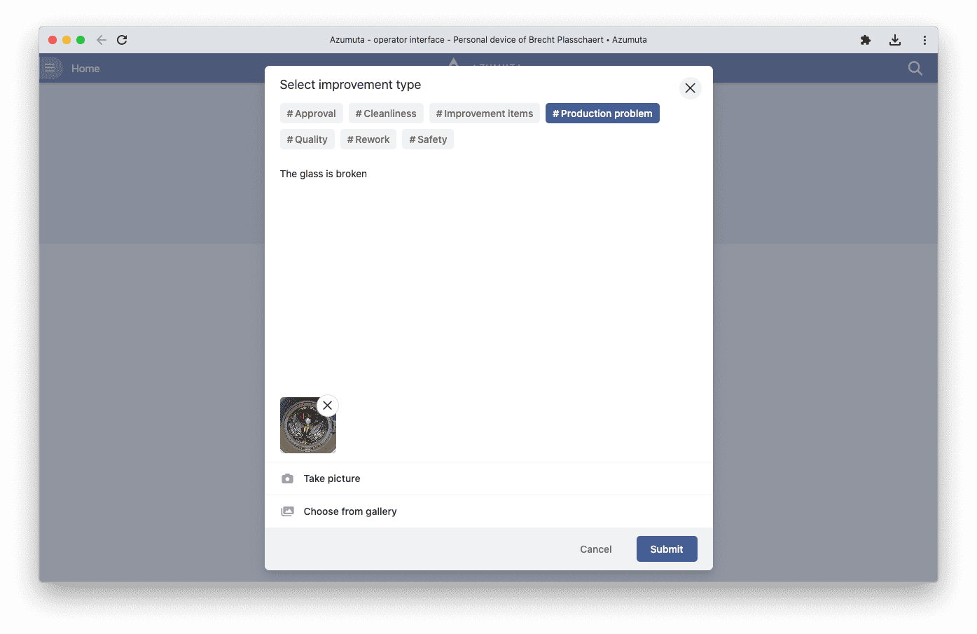 A screenshot of the Azumuta operator interface shows a form titled 