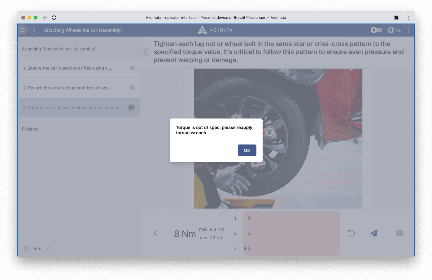 A computer screen displays a software interface from the Azumuta platform titled "5S audit checklist." The checklist includes various audit criteria such as safety and organization, with options to mark compliance status. A sidebar on the left shows navigation options.