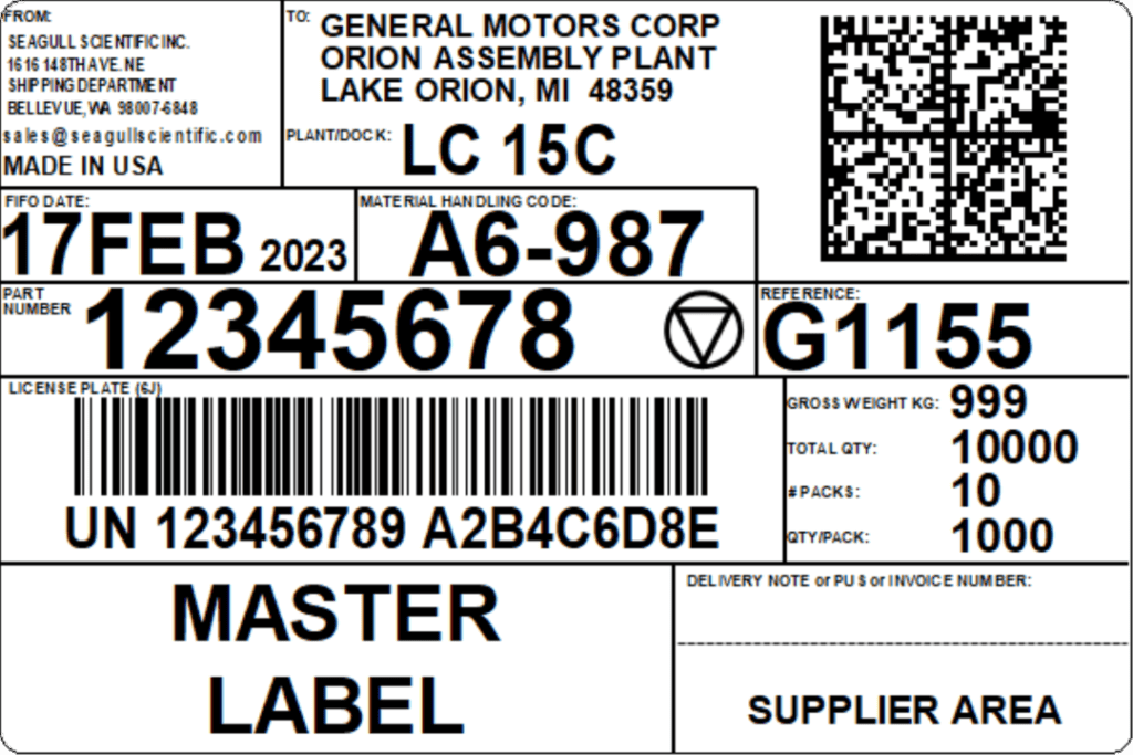 A black and white label with various details including part numbers, barcodes, dates, and identification codes. Key text includes GENERAL MOTORS CORP ORION ASSEMBLY PLANT, part number 12345678, date 17FEB2023, reference G1155, and the label 