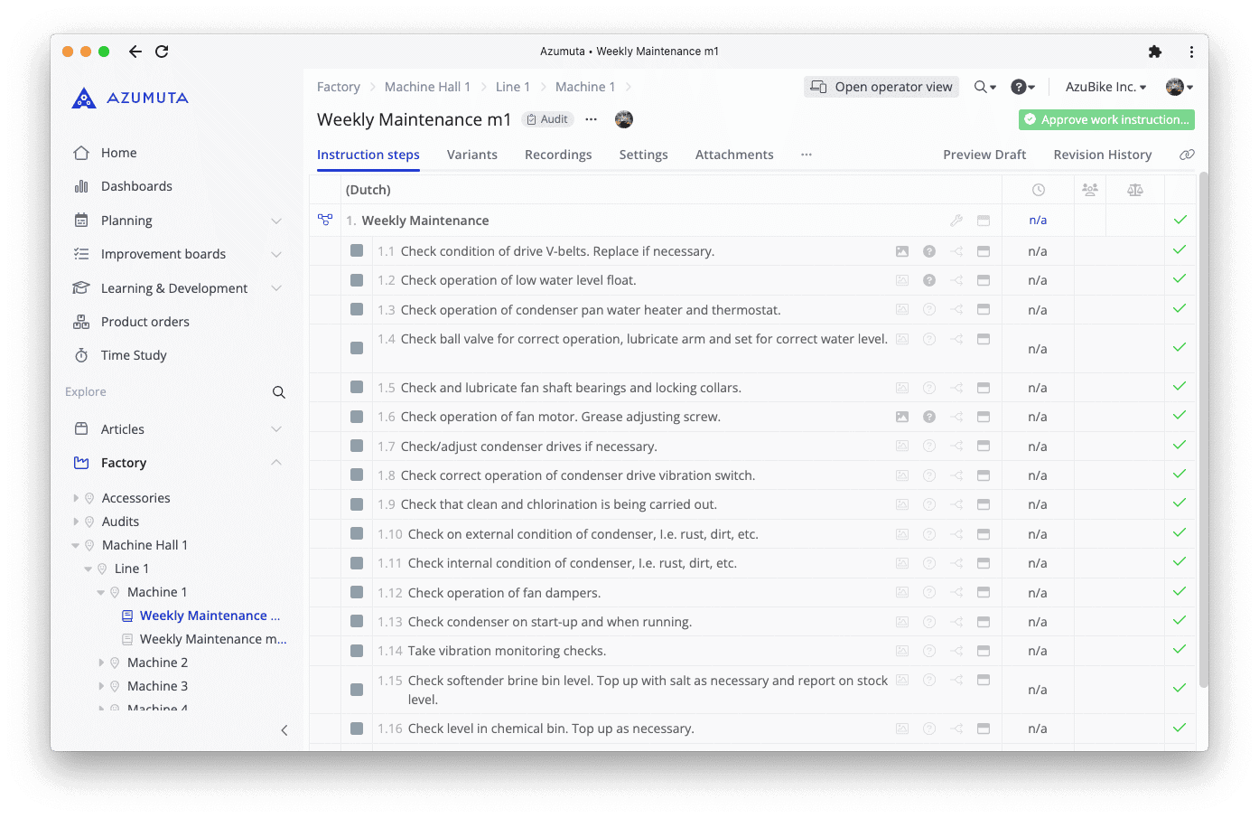 A computer screen displays a software interface from the Azumuta platform titled "5S audit checklist." The checklist includes various audit criteria such as safety and organization, with options to mark compliance status. A sidebar on the left shows navigation options.