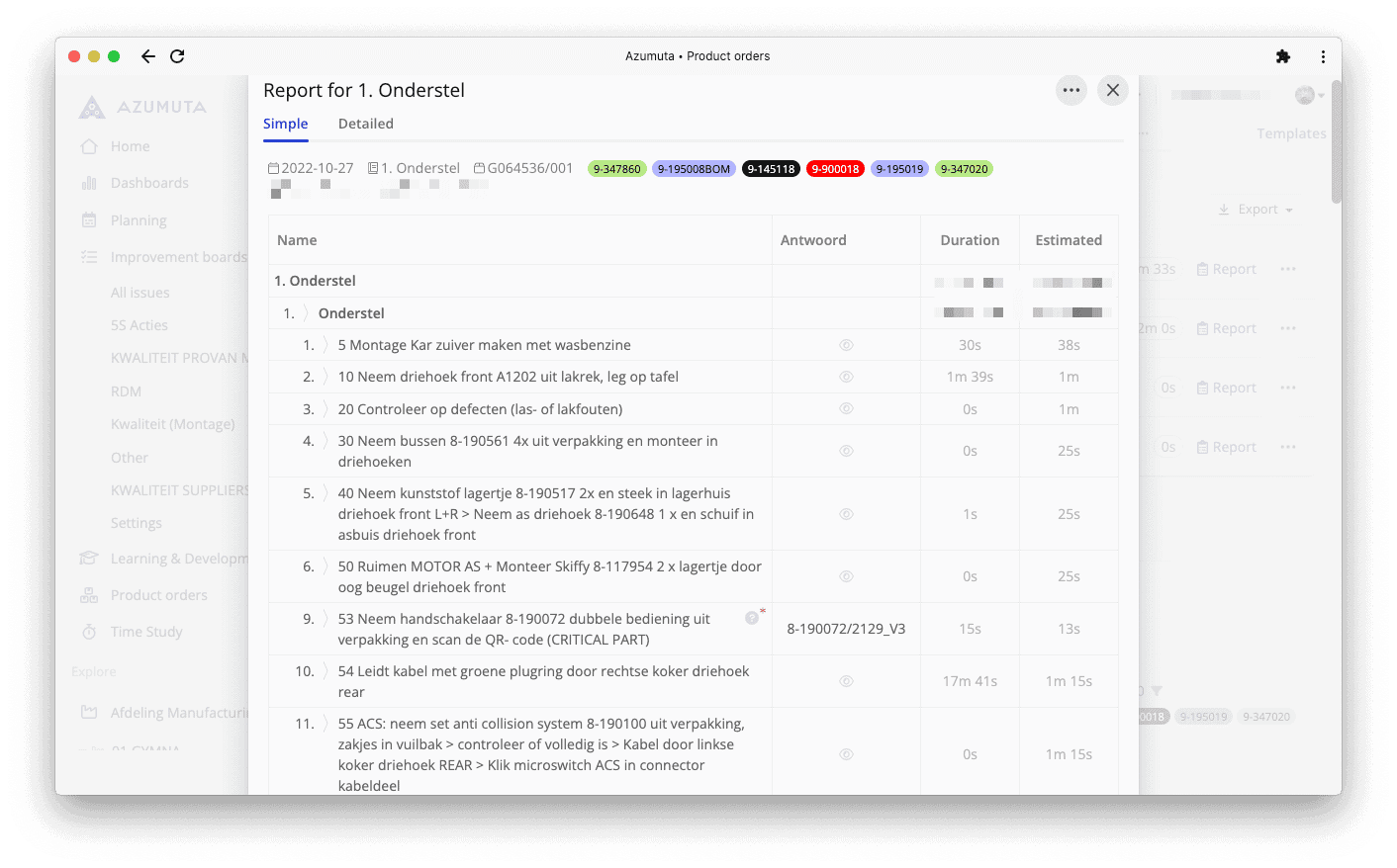 A computer screen displays a software interface from the Azumuta platform titled "5S audit checklist." The checklist includes various audit criteria such as safety and organization, with options to mark compliance status. A sidebar on the left shows navigation options.